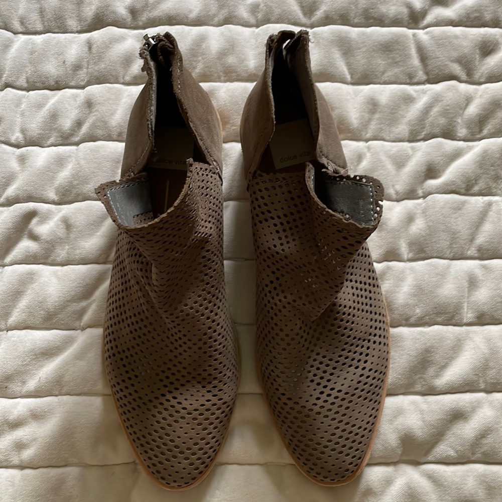 Tan booties, leather booties with dots covering the top of the foot